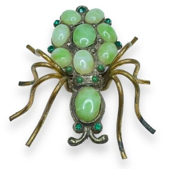 Unbranded Jewelry - Art Nouveau Jadeite Brass Spider Brooch Green Crystal